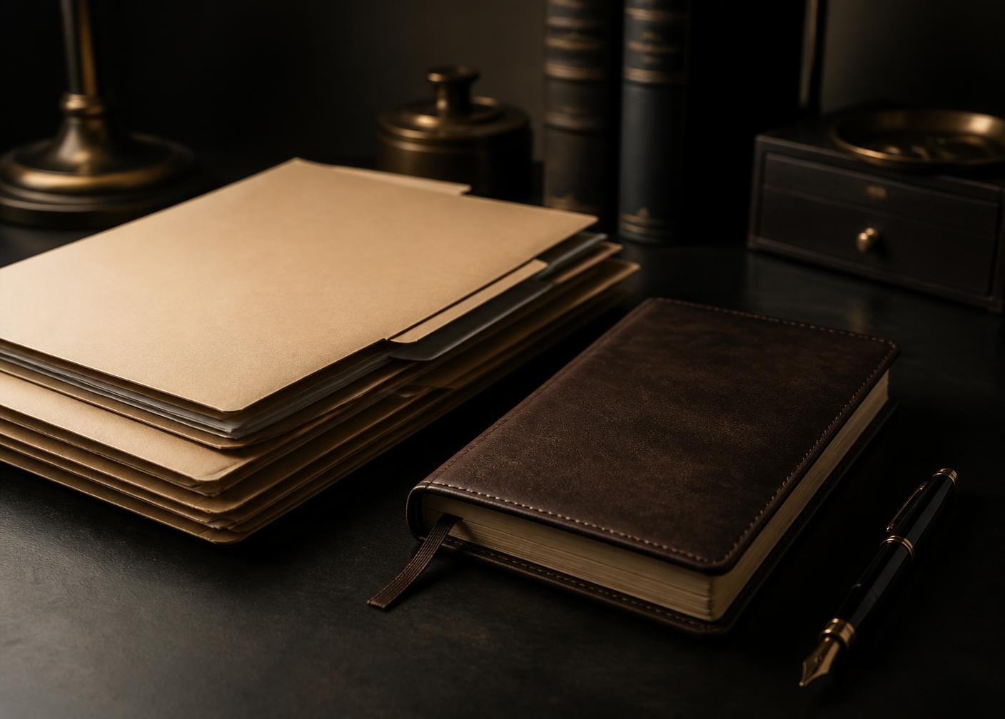 Organized case files and a notebook on a dark desk